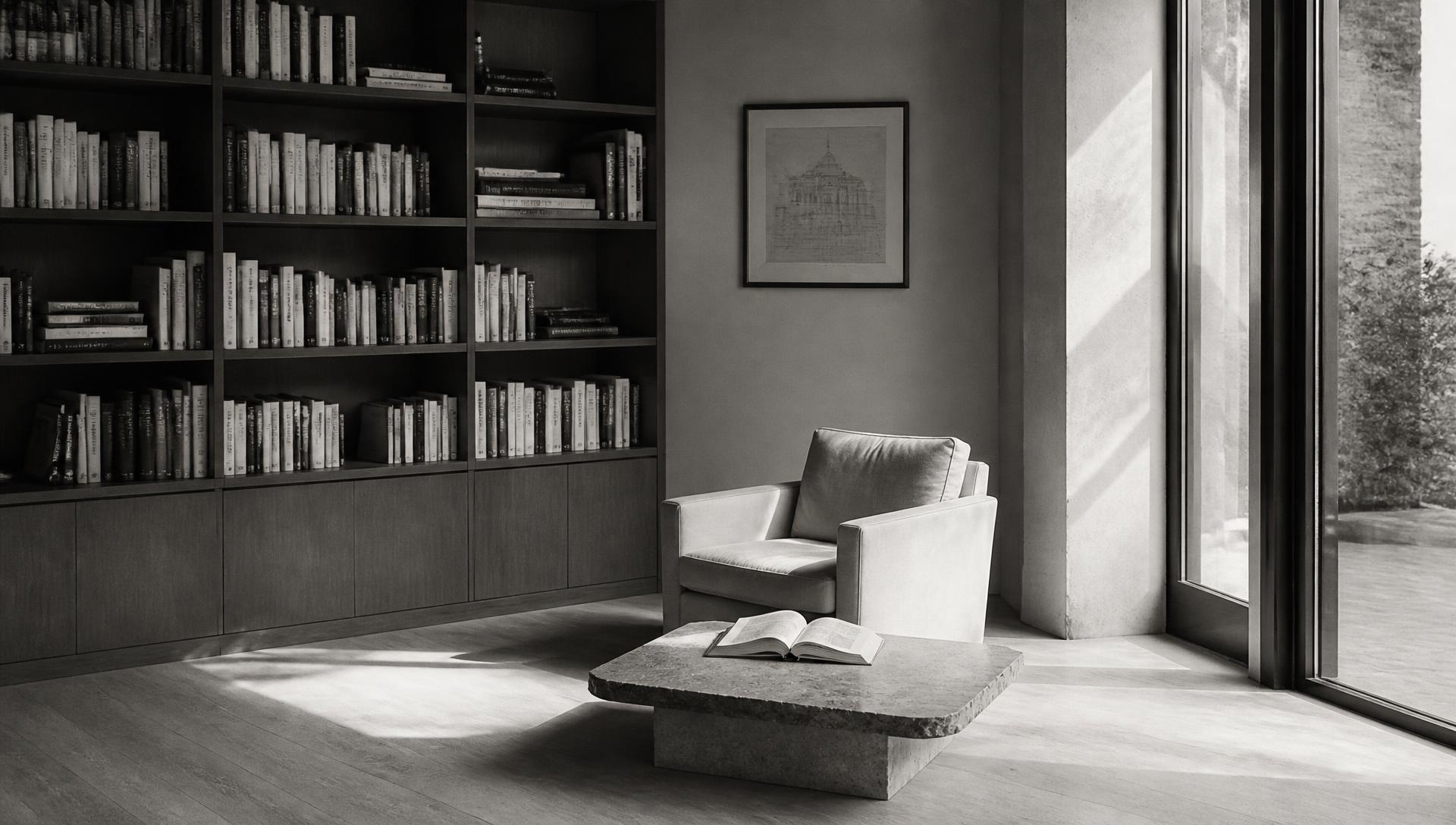 A quiet library reading corner with bookshelves, a linen armchair and an open book