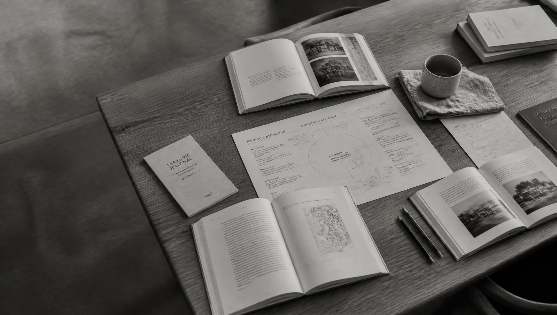Open books, printed framework sheets and a learning journal on a large wooden table