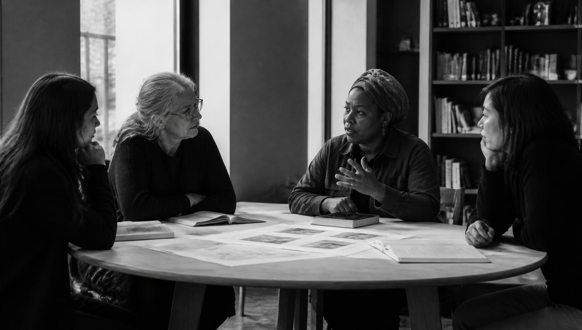 Four women of different ages discussing printed frameworks around a round table in a library